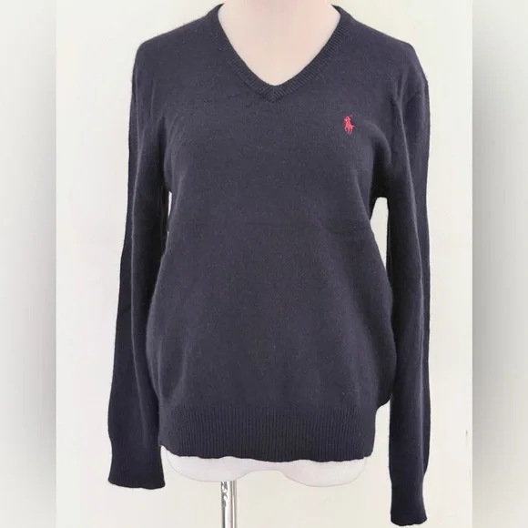 POLO - RALPH LAURENVintage Navy V-Neck Wool Sweater. Sz. M